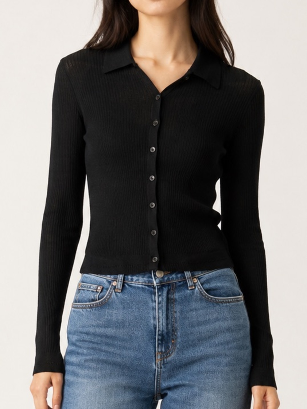 UNIQLO Black Sheer Ribbed Polo Cardigan Long Sleeve XS